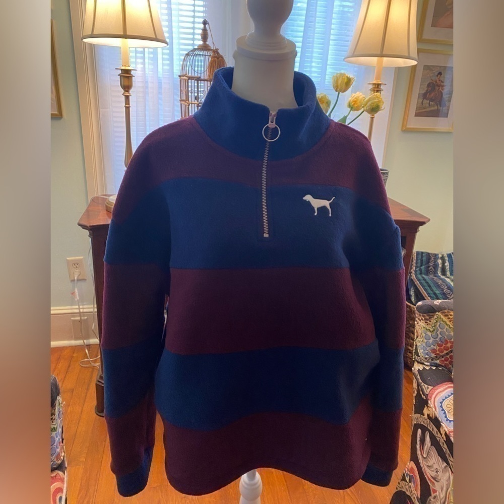 Victoria’s Secret PINK Half Zip Striped Fleece Size M EUC Blue & Burgundy
